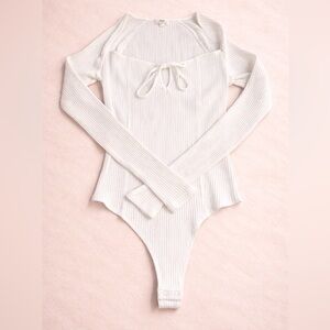 Aerie White Ribbed Long Sleeve Bodysuit Tie Front Women’s Size S